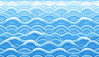 Abstract waves in shades of blue, layered in a stylized pattern, with white foam accents
