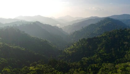 Aerial view of lush green mountain range under sunlight.