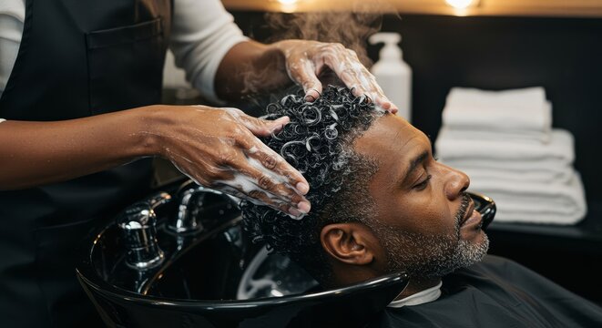Hands combing wet short curly hair with conditioner foam in modern salon