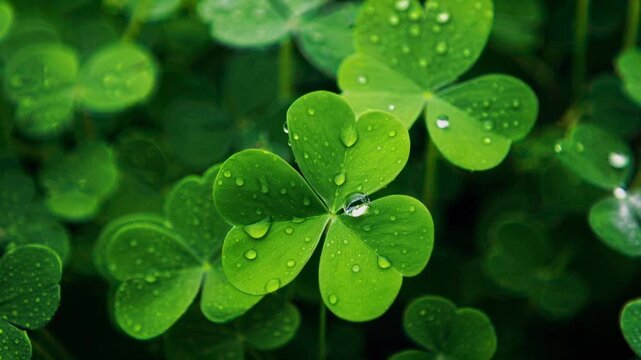 The video captures dewdrops on vibrant green clovers, evoking freshness and tranquility, with a close-up camera angle for detail.