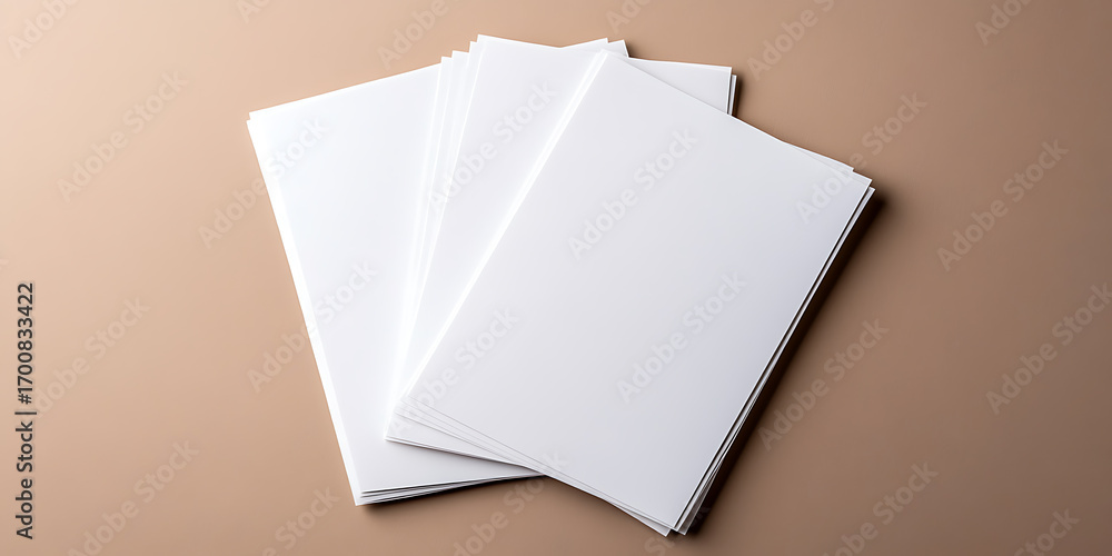 Poster a stack of blank white sheets on a light brown surface, angled towards the viewer. perfect for writi