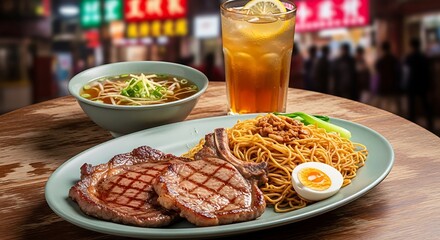 Grilled Steak Noodles and Soup with Iced Tea.