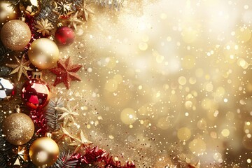 Charming Christmas Background with Ornaments, Stars, and Bokeh Lights for Holiday Celebrations