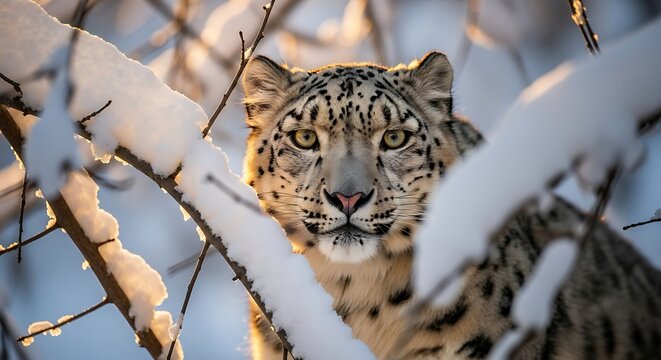 A close-up portrait of a snow leopard peeking through snow-covered branches in a winter forest.