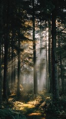 Fototapeta premium Sunlight streams through serene trees