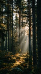 Fototapeta premium Misty morning light filters through a dense forest