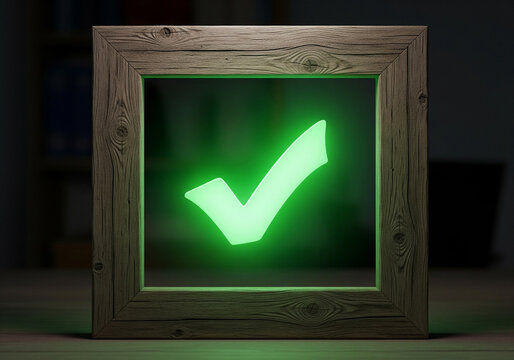 Glowing green checkmark inside a rustic wooden frame symbolizes success and approval.