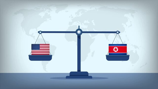 Balance Scale with USA vs North Korea Flags , International Relations and Global Trade Concept Animation
