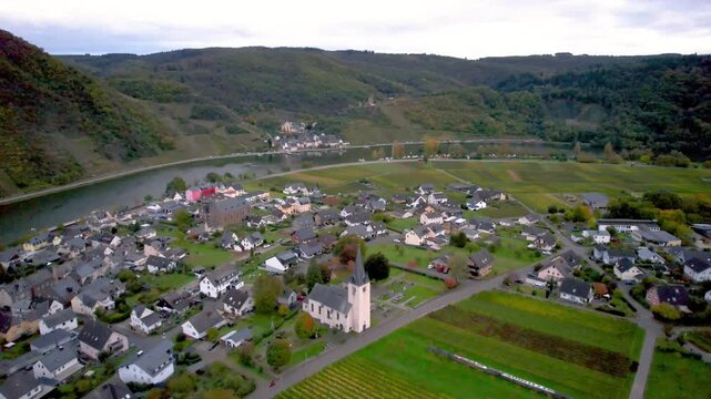 Vineyard Landscape with view to Beilstein and Ellenz-Poltersdorf in Moselle Valley,Moselle River, Germany