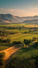 Obraz premium Lush vineyard landscape at sunset in serene valley