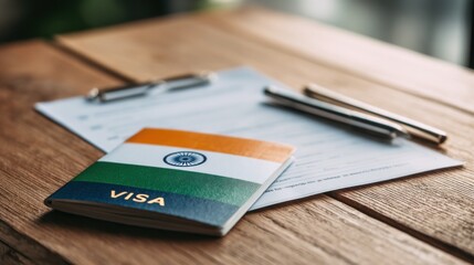 Visa application process complete with India passport, application form, and pen on wooden surface