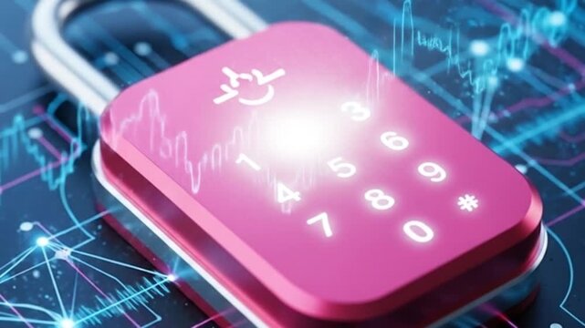 Secure your digital future with this vibrant pink padlock's glowing numeric keypad and data streams.