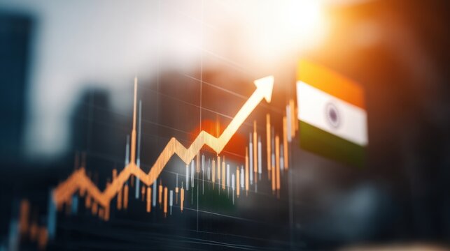 Market growth graph shows upward trend with Indian flag in background during sunrise over city skyline - Powered by Adobe