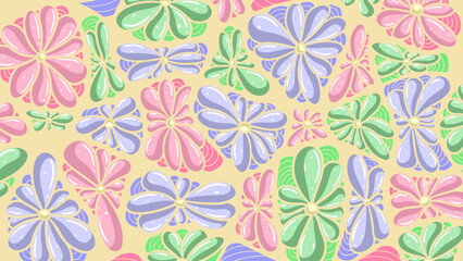 Abstract Doodle Background with Flower and Soft Pastel Pallete. Soft green, Soft blue, Soft Pink and Yellow Colors Background. Vector Illustrations