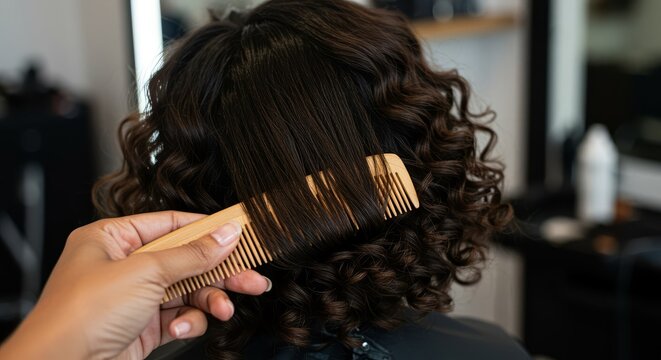 Natural wooden comb detangling healthy curly hair in bright salon