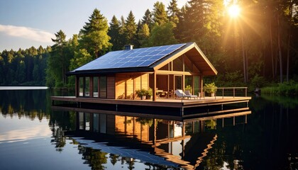 Fototapeta premium SolarPowered Floating House on Lake EcoFriendly Sustainable Living.