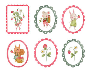 Watercolor set of 6 retro frames in green and pink with woodland animals and strawberry branches inside. Bunny, squirrel and mouse vintage illustration