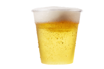 A plastic cup of beer with foam on top