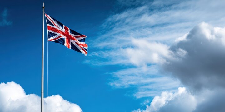 British flag waving proudly against a bright sky with fluffy clouds during a sunny day