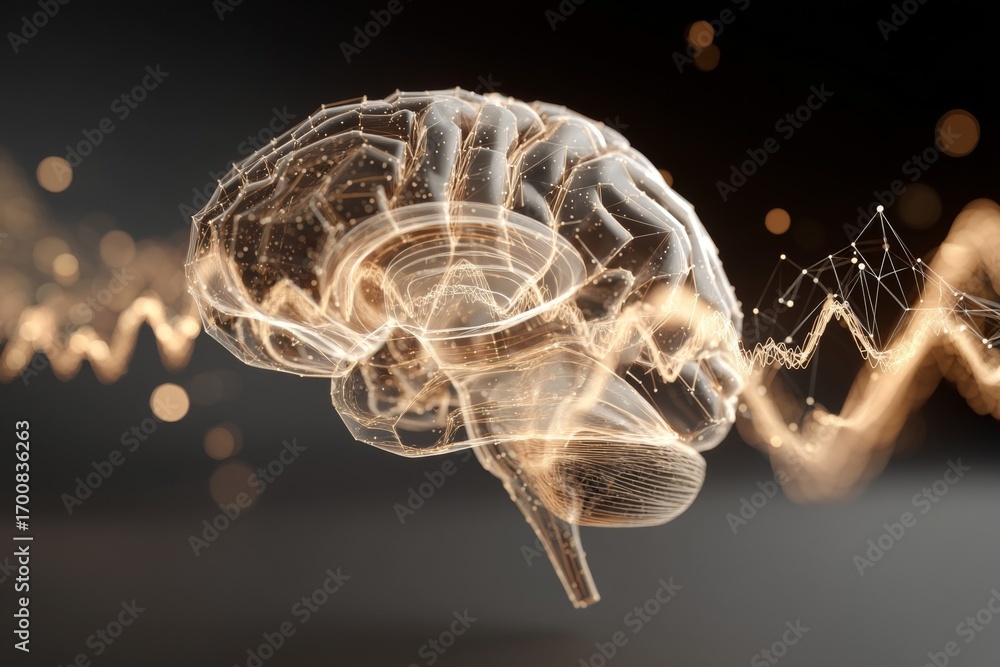 Aufkleber digital brain visualization with neural network connections and data waves