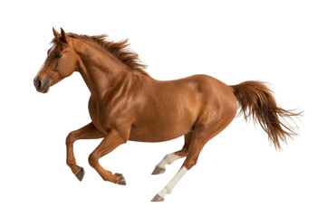 Obraz premium Galloping Horse: A majestic brown horse in full gallop, showcasing its power and grace, captured against a clean and isolated backdrop.