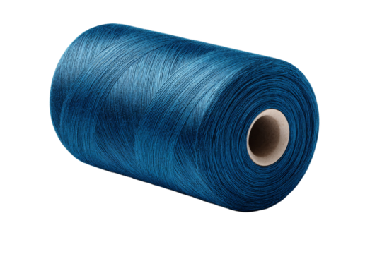 A blue roll of thread is shown on a white background