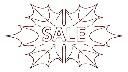 Fototapeta premium Brown outline sale tag shaped like a starburst with leaf elements label discount