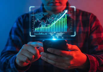 Man using smartphone to analyze financial stock market data with a futuristic holographic chart showing upward trend and growth