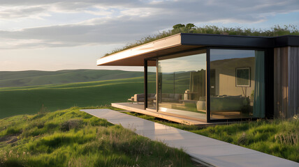 Obraz premium Modern green roofed modular home overlooking rolling green hills