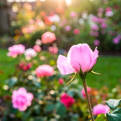 Pink rose garden in sunlight