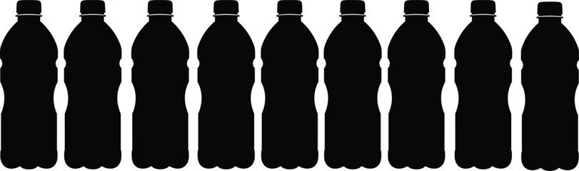 Black silhouette of multiple plastic water bottles in a row, isolated on white background, reusable or disposable packaging vector illustration