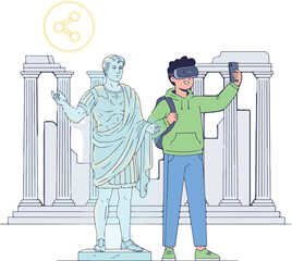 Student in VR history tour taking a selfie with a holographic statue phone with share icon Illustration
