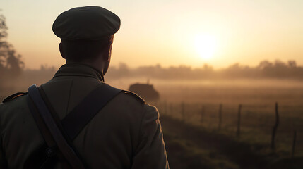 Silhouette of a solitary figure, possibly a soldier, overlooking a misty field at sunrise.  A moment of reflection and solitude.