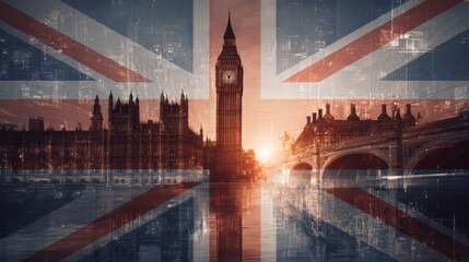 Iconic London skyline features Big Ben and the House of Parliament at sunset with a Union Jack overlay