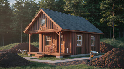 Newly constructed wooden cabin in a forest setting at sunset