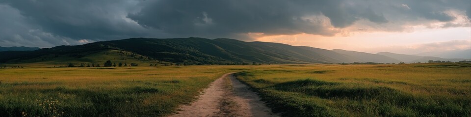 Fototapeta premium Dirt road through serene mountain landscape at sunset with dramatic cloudy sky