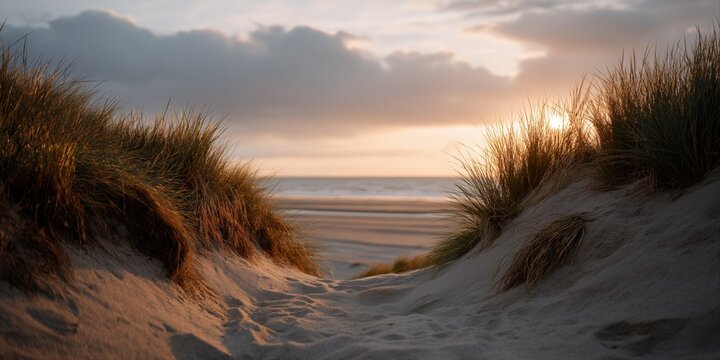 Serene coastal dunes at sunset with grassy pathway leading to tranquil beach