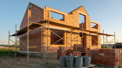 Building new red brick house with scaffolding at sunset