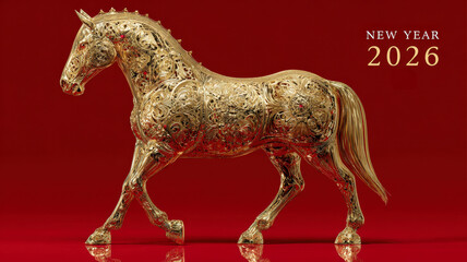 Golden decorative horse with intricate ornaments on red background, New Year 2026 festive card design, symbol of elegance, prosperity and celebration.