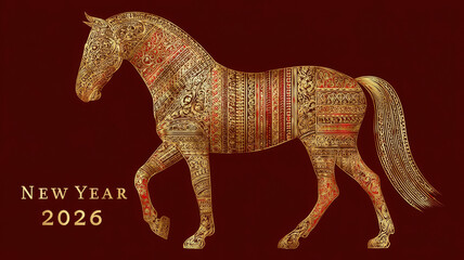 Golden patterned horse with detailed decorative textures on dark red background, New Year 2026 holiday greeting card concept, symbol of strength and beauty.