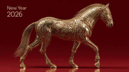 Golden horse in elegant walking pose with metallic ornaments on gradient red background, New Year 2026 festive illustration, symbol of success and fortune.