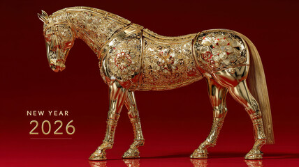 Decorative golden horse with artistic engravings on red backdrop, New Year 2026 luxury festive card, symbol of tradition, celebration and prosperity.