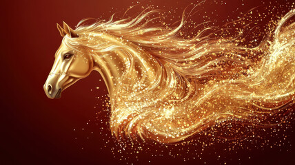 Golden sparkling horse made of glowing particles on red background, symbol of Year of the Horse 2026 in Chinese zodiac, festive design for celebration, prosperity and strength.
