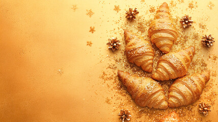 Creative Christmas tree made of croissants with festive spices on golden background, unique holiday food art design for seasonal celebration.  horizontal banner, copy space, free space for text