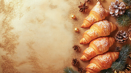 Festive Christmas background with croissants, pine cones and holiday decorations on rustic paper, perfect for seasonal greeting cards.  horizontal banner, copy space, free space for text