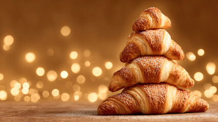 Stacked croissants shaped like Christmas tree with festive bokeh lights in background, holiday concept for seasonal greeting.  horizontal banner, copy space, free space for text