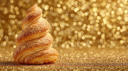 Small pastry Christmas tree with sugar powder on sparkling golden background, creative holiday dessert concept.  horizontal banner, copy space, free space for text