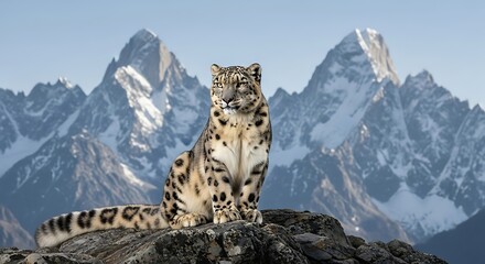 A majestic snow leopard sits regally on a rocky outcrop, surveying the vast, snow-capped mountain range under a clear blue sky.