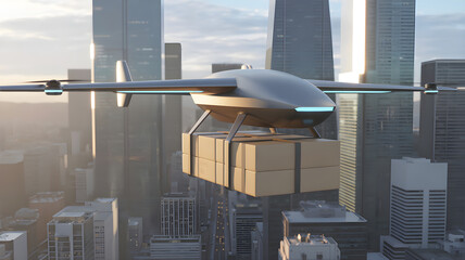 Futuristic delivery drone carrying package over city skyline
