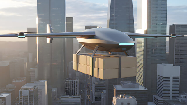 Futuristic delivery drone carrying package over city skyline - Powered by Adobe